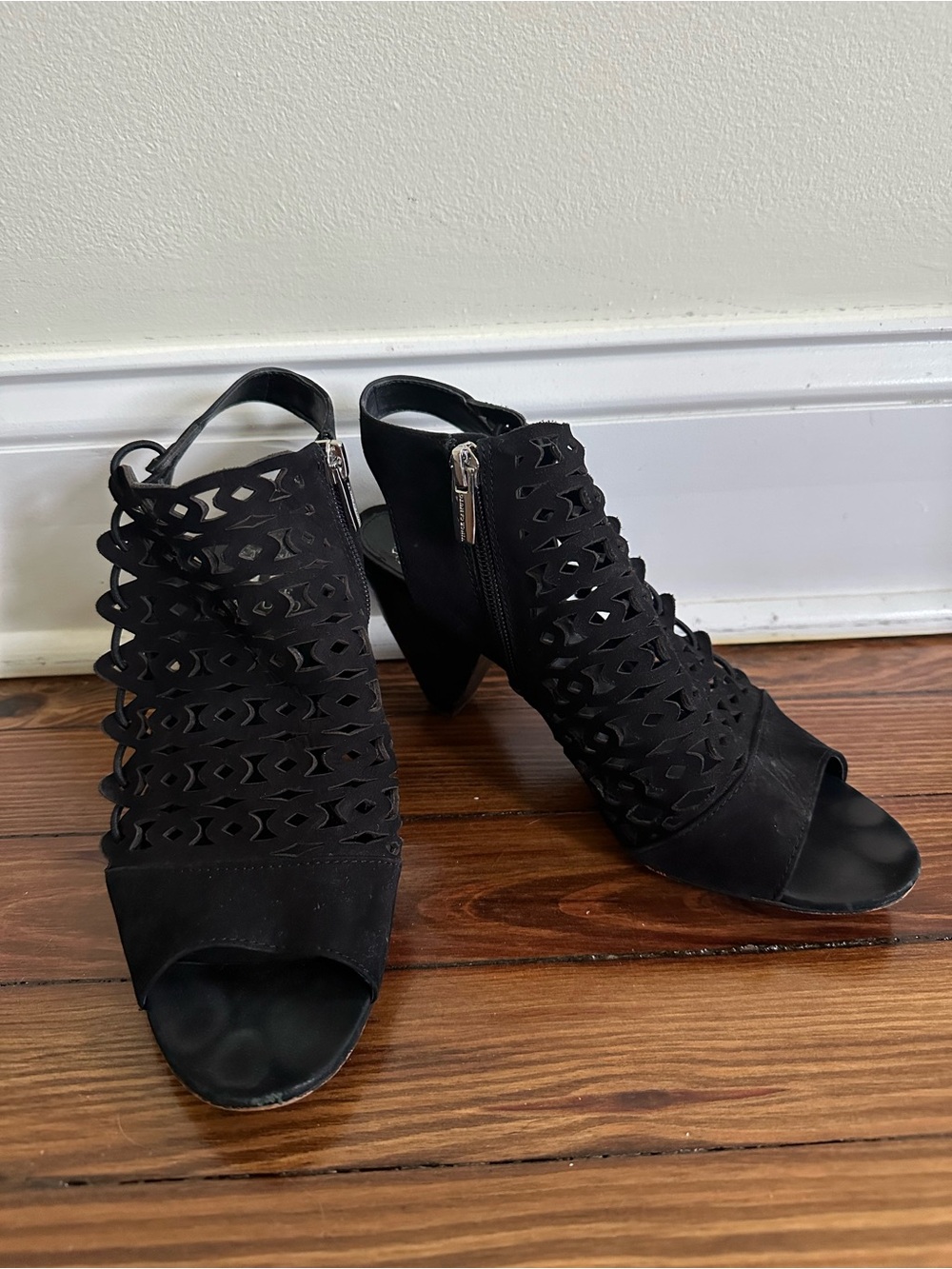 Vince Camuto Black Laser Cut Peep Toe Booties Size 9